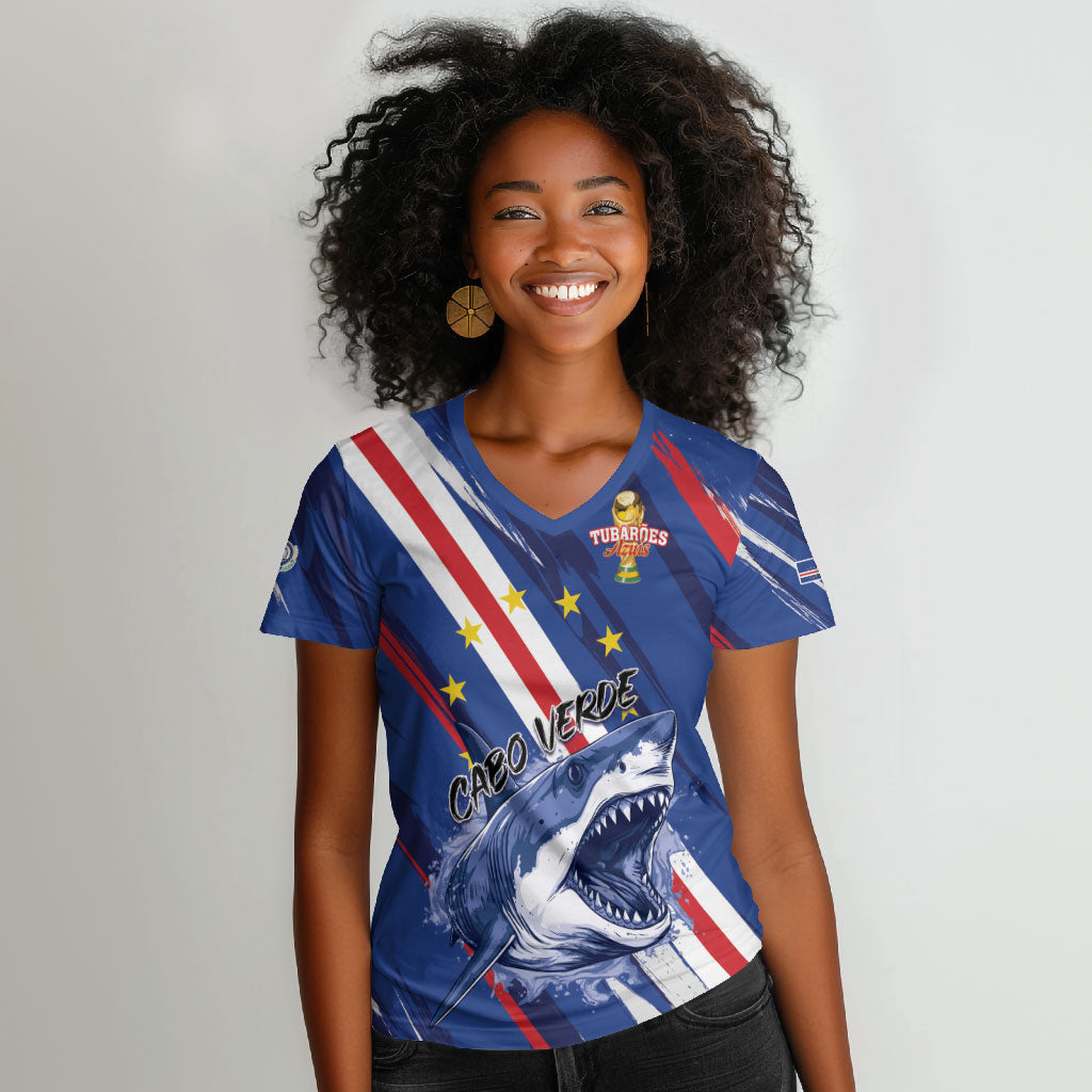 Custom World Football 2026 Cabo Verde Women V-Neck T-Shirt Tubaroes Azuis Victory