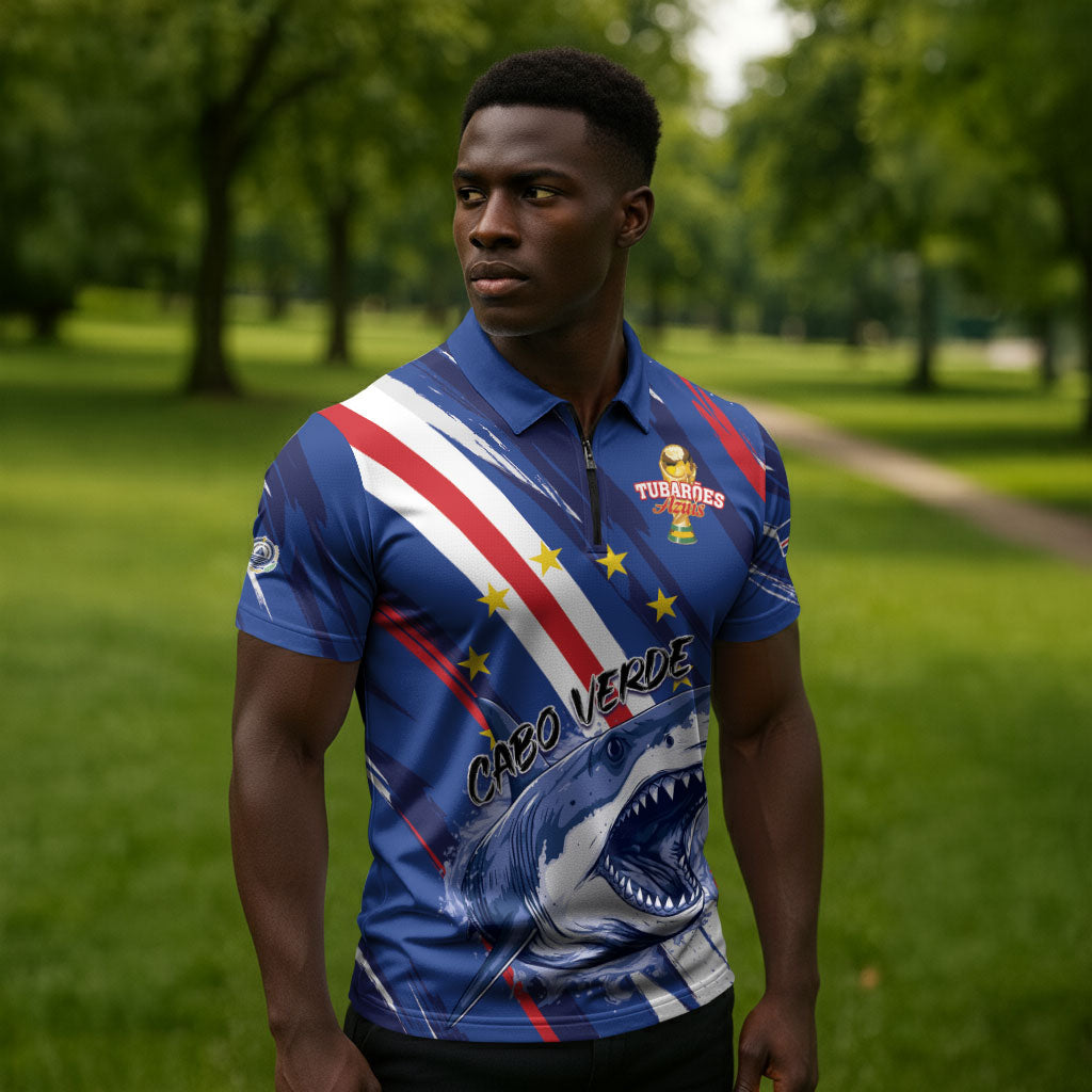 Custom World Football 2026 Cabo Verde Zipper Polo Shirt Tubaroes Azuis Victory