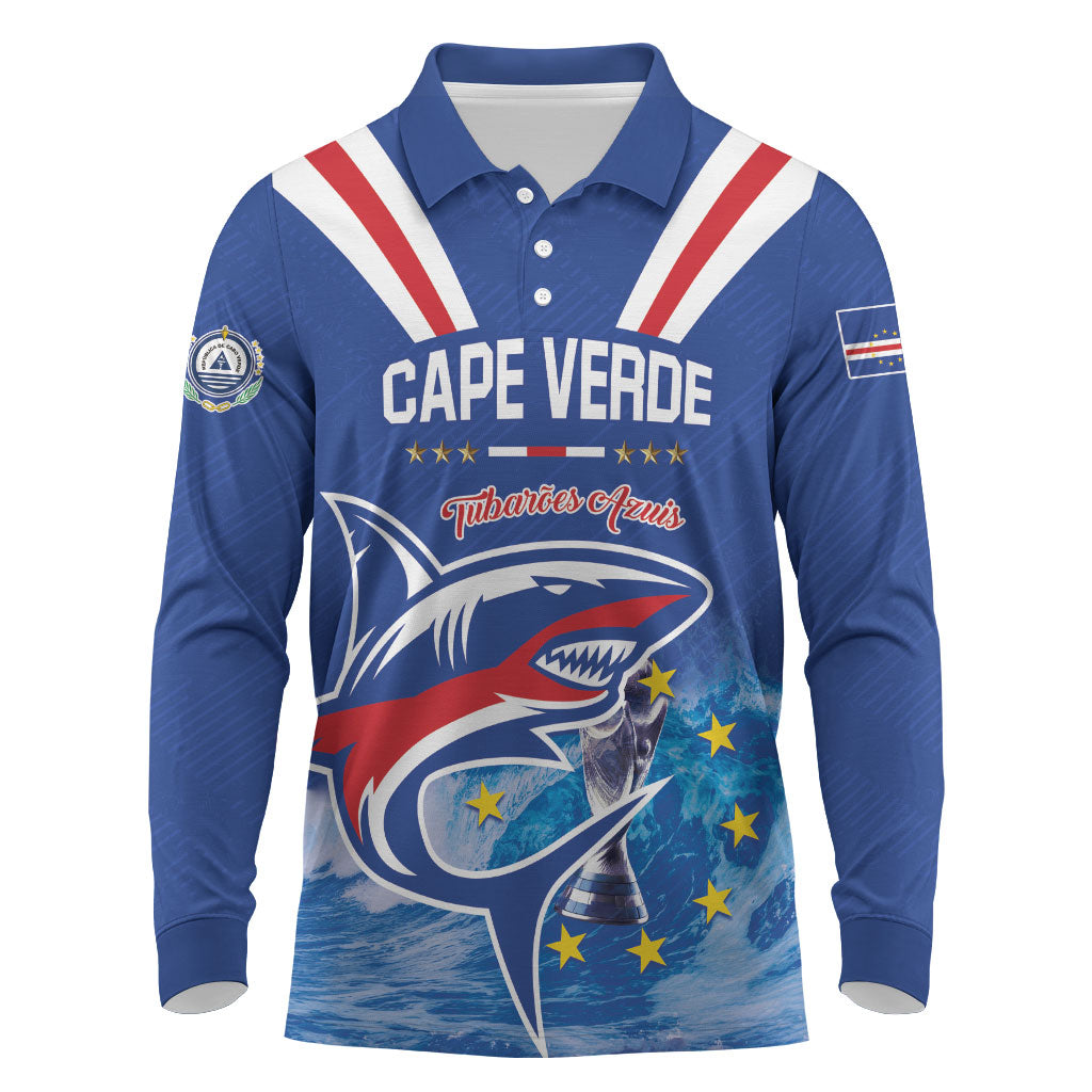 Custom Cape Verde Football 2026 Blue Shark Long Sleeve Polo Shirt Go Champions
