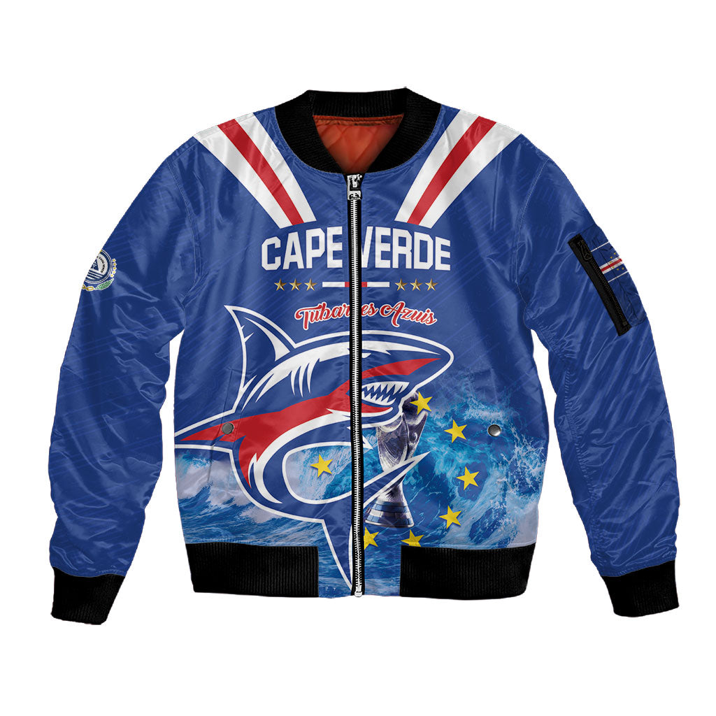 Custom Cape Verde Football 2026 Blue Shark Sleeve Zip Bomber Jacket Go Champions