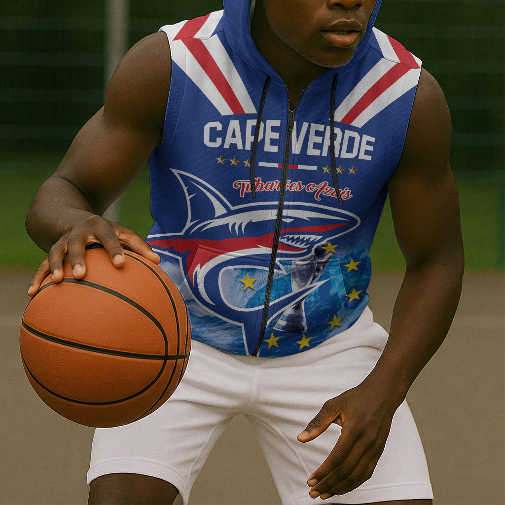Custom Cape Verde Football 2026 Blue Shark Sleeveless Zip Hoodie Go Champions