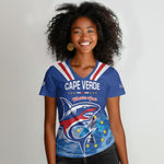Custom Cape Verde Football 2026 Blue Shark Women V-Neck T-Shirt Go Champions