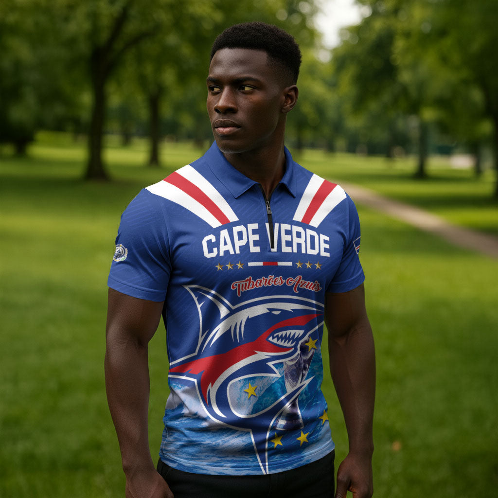 Custom Cape Verde Football 2026 Blue Shark Zipper Polo Shirt Go Champions