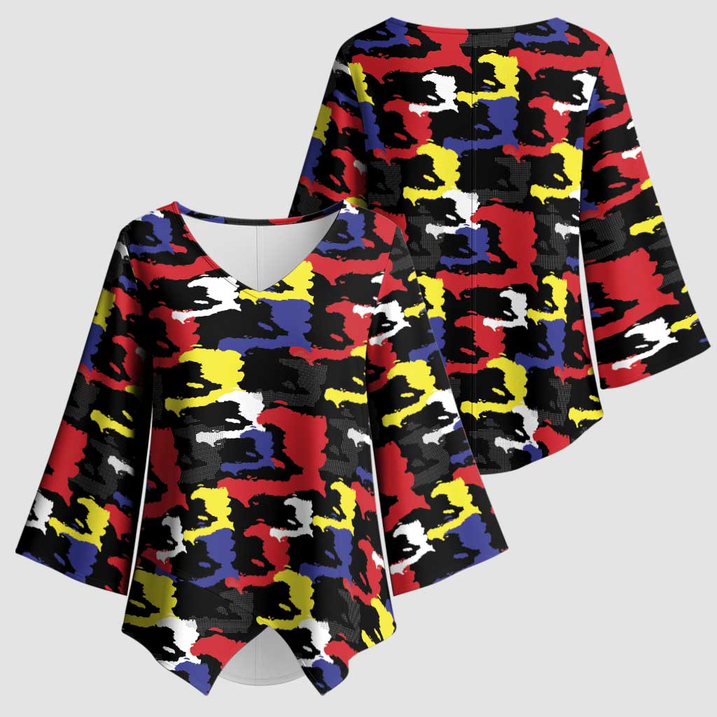 Haiti Map Camouflage Colorful Kimono Sleeve Blouse - African Pride