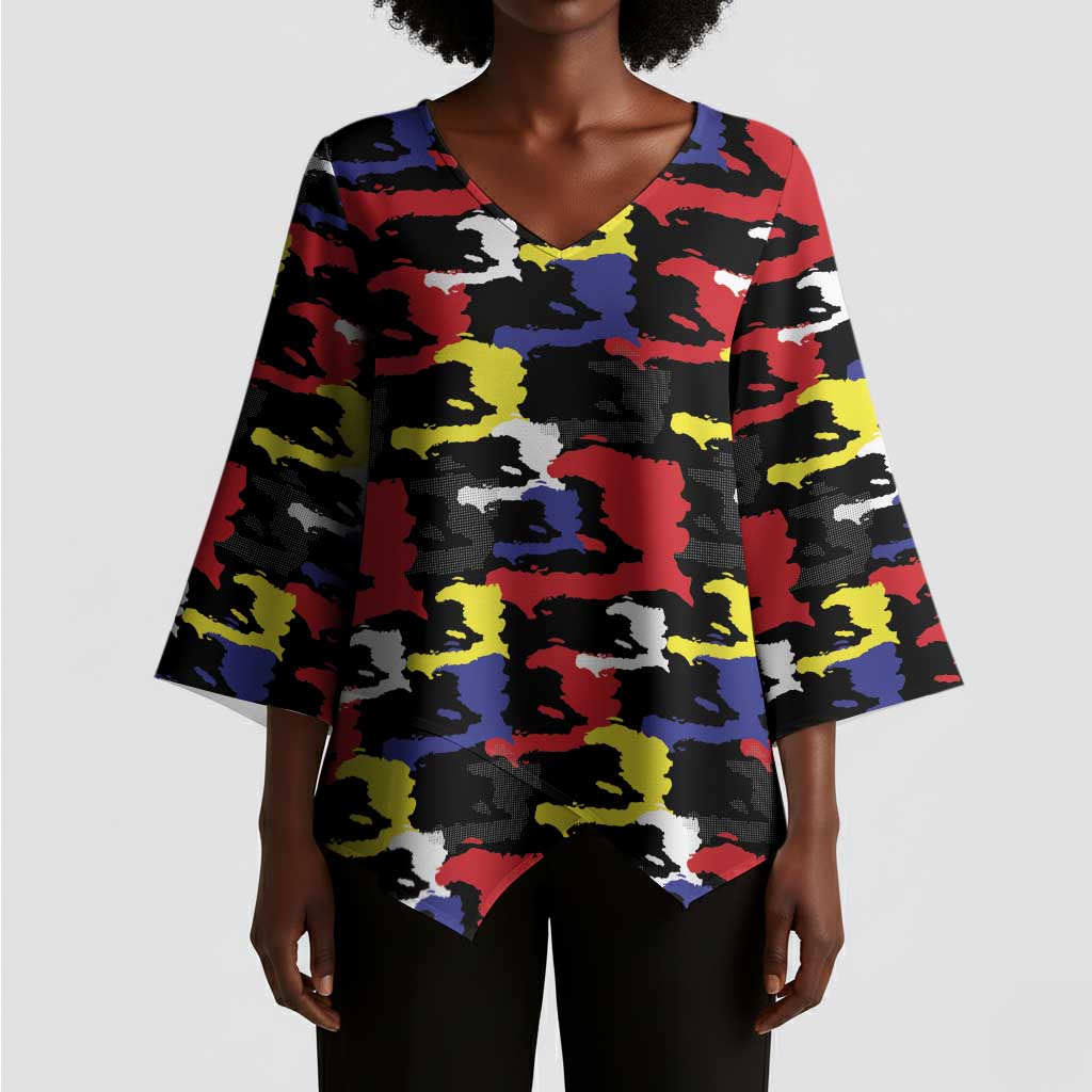 Haiti Map Camouflage Colorful Kimono Sleeve Blouse - African Pride