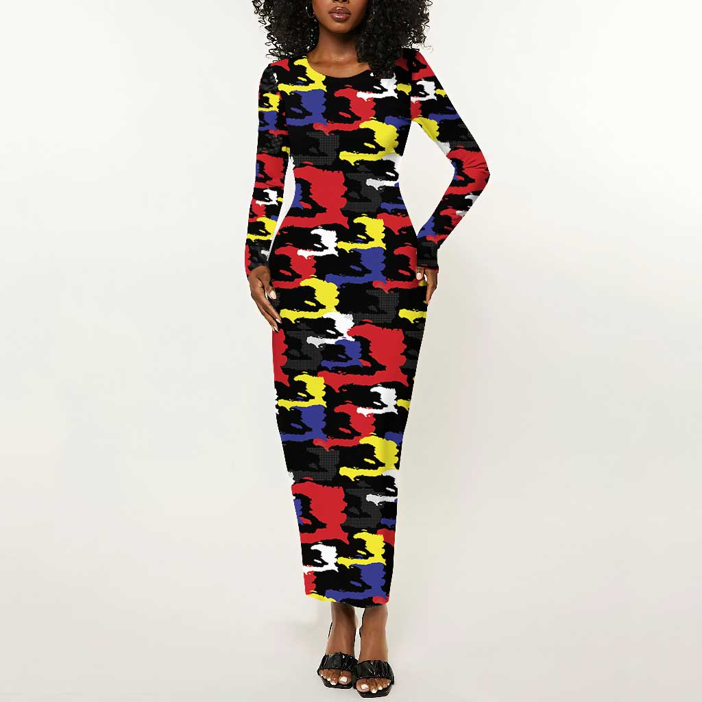 Haiti Map Camouflage Colorful Long Sleeve Bodycon Dress - African Pride