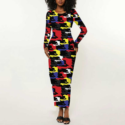 Haiti Map Camouflage Colorful Long Sleeve Bodycon Dress - African Pride