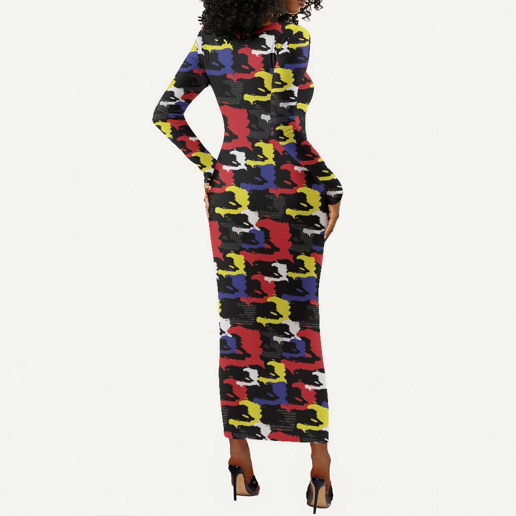 Haiti Map Camouflage Colorful Long Sleeve Bodycon Dress - African Pride