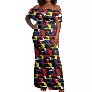 Haiti Map Camouflage Colorful Off Shoulder Maxi Dress - African Pride