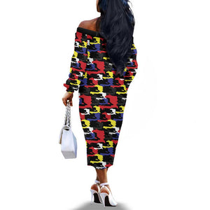 Haiti Map Camouflage Colorful Off The Shoulder Long Sleeve Dress - African Pride
