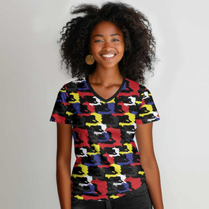 Haiti Map Camouflage Colorful Women V-Neck T-Shirt - African Pride