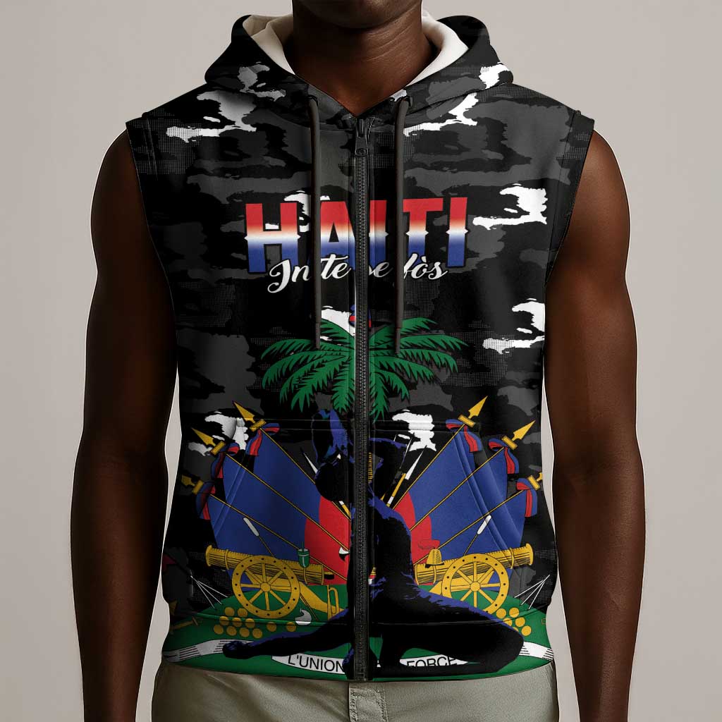 Personalized Haiti Map Camouflage Sleeveless Zip Hoodie Unique Style - African Pride