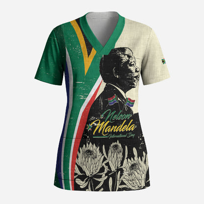 Personalized Nelson Mandela Day Scrub Top South Africa Vintage Stylized