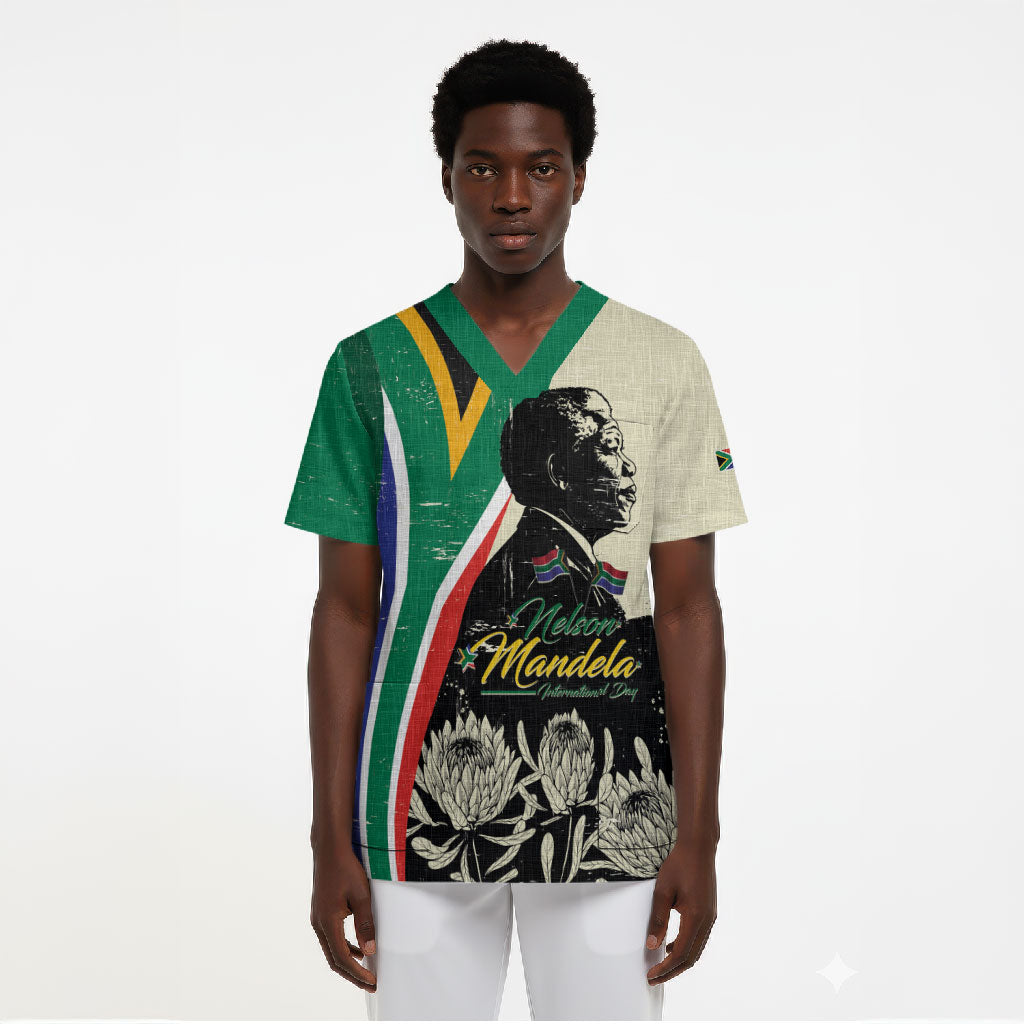 Personalized Nelson Mandela Day Scrub Top South Africa Vintage Stylized
