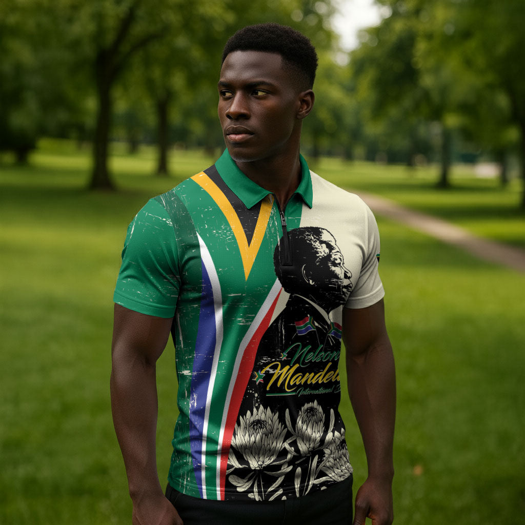 Personalized Nelson Mandela Day Zipper Polo Shirt South Africa Vintage Stylized