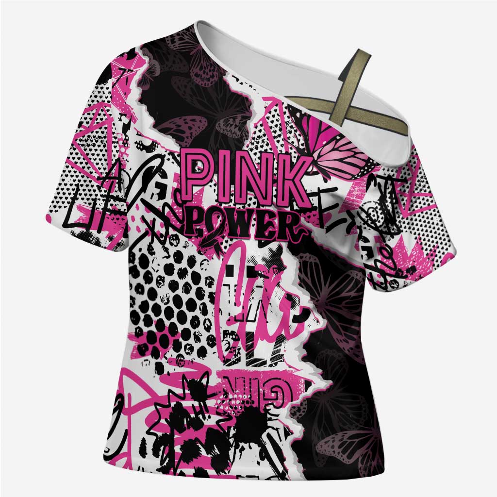 Personalized Pink Power Graffiti Cross Shoulder Shirt Breast Cancer Awareness