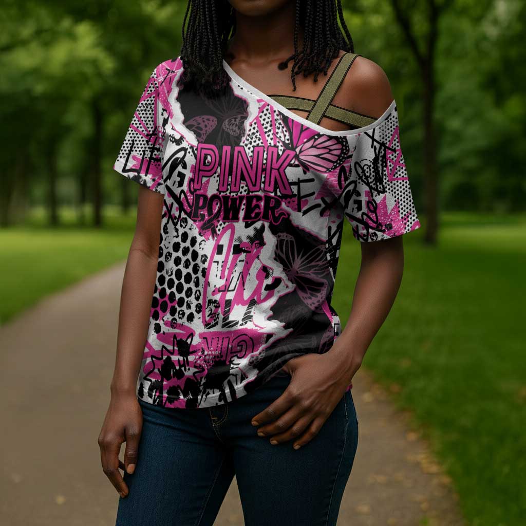 Personalized Pink Power Graffiti Cross Shoulder Shirt Breast Cancer Awareness