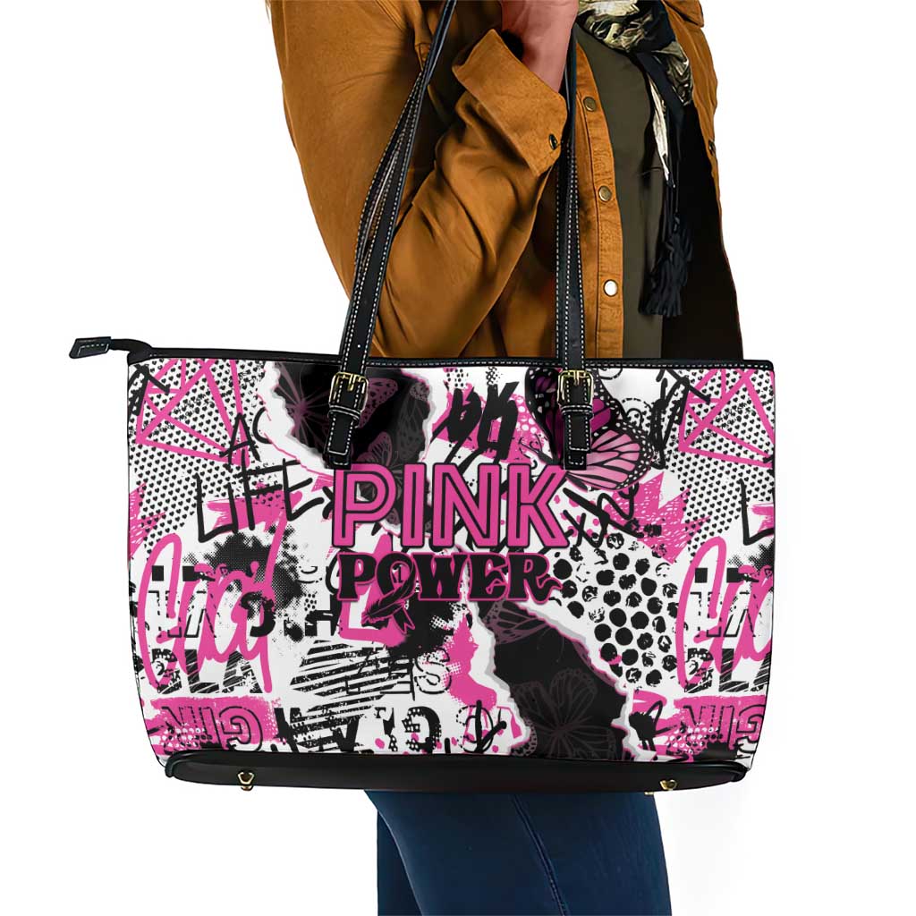 Pink Power Graffiti Leather Tote Bag Breast Cancer Awareness - African Pride