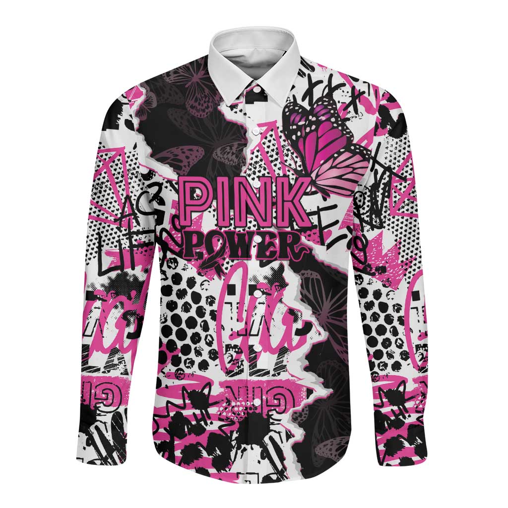 Personalized Pink Power Graffiti Long Sleeve Button Shirt Breast Cancer Awareness - African Pride