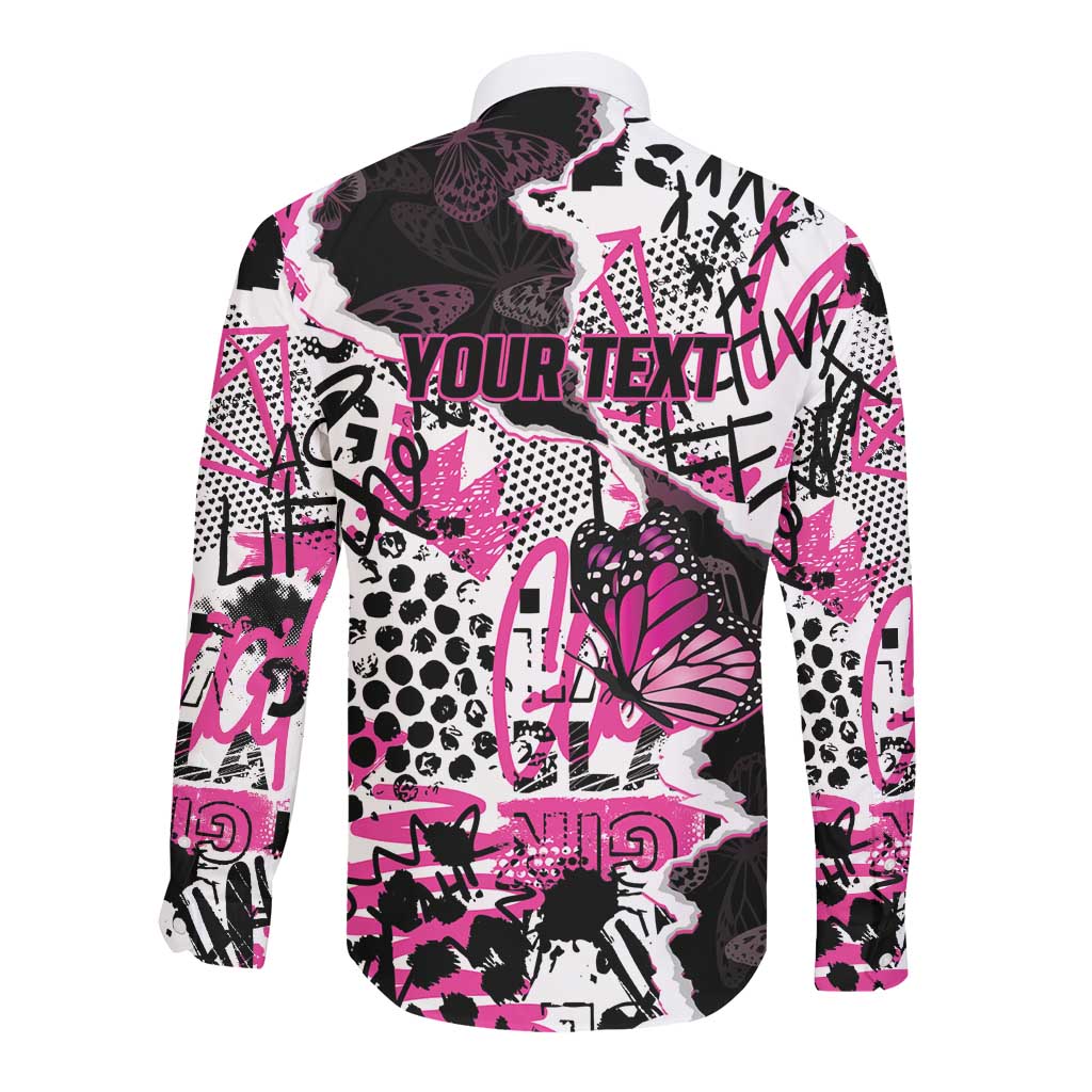 Personalized Pink Power Graffiti Long Sleeve Button Shirt Breast Cancer Awareness - African Pride