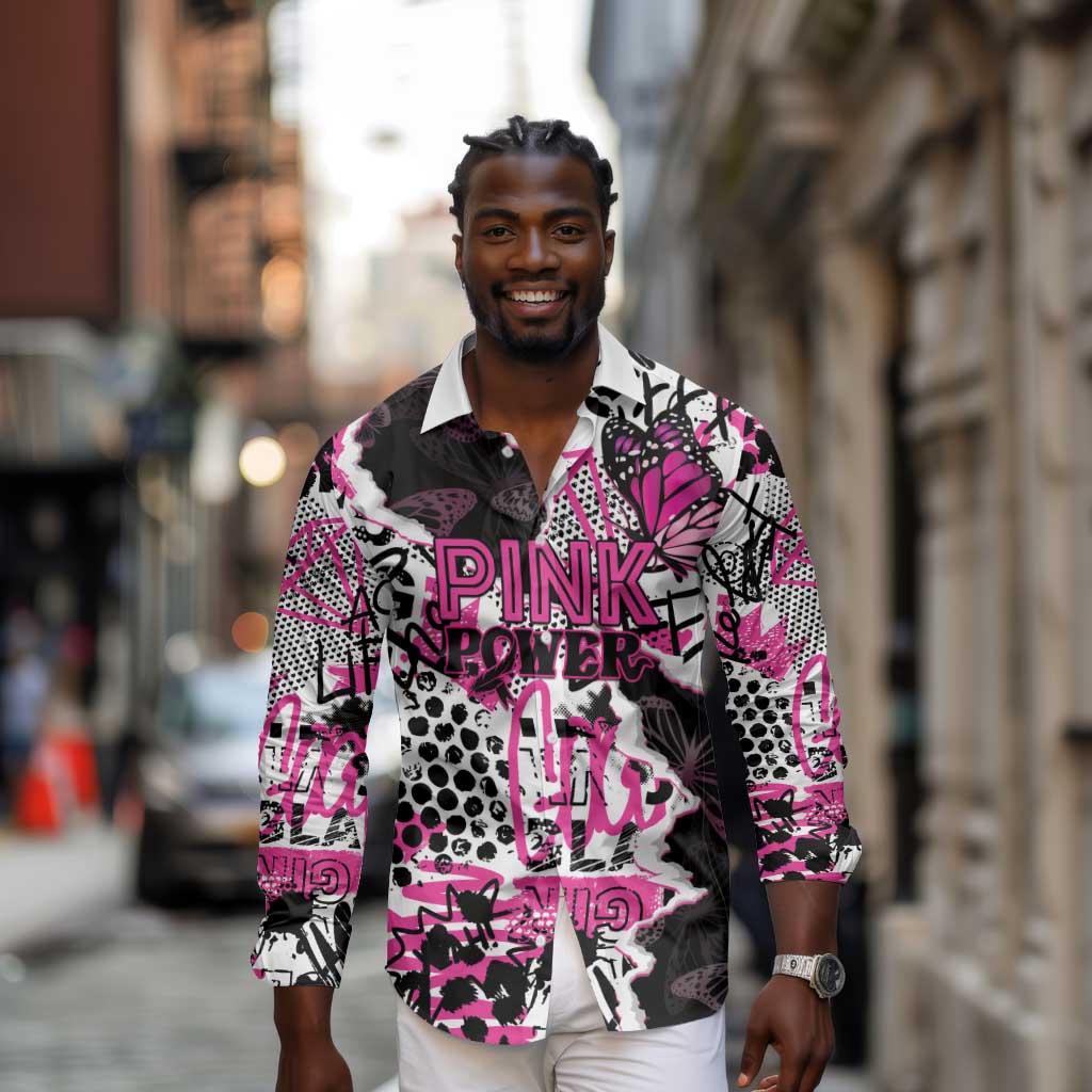 Personalized Pink Power Graffiti Long Sleeve Button Shirt Breast Cancer Awareness - African Pride