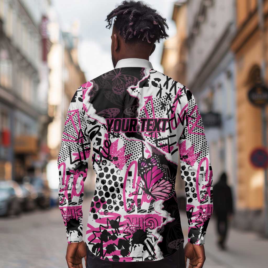 Personalized Pink Power Graffiti Long Sleeve Button Shirt Breast Cancer Awareness - African Pride