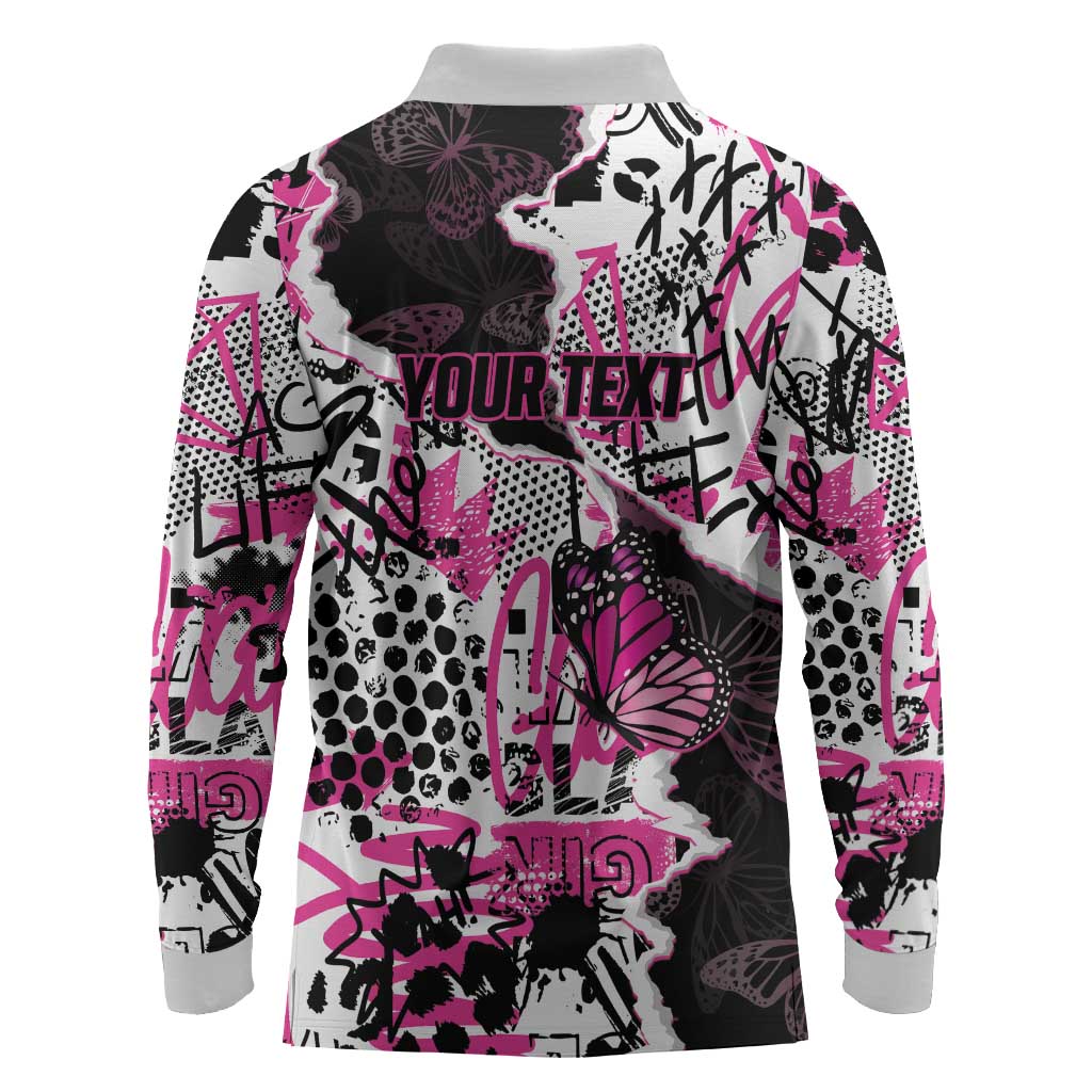 Personalized Pink Power Graffiti Long Sleeve Polo Shirt Breast Cancer Awareness - African Pride