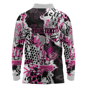 Personalized Pink Power Graffiti Long Sleeve Polo Shirt Breast Cancer Awareness - African Pride