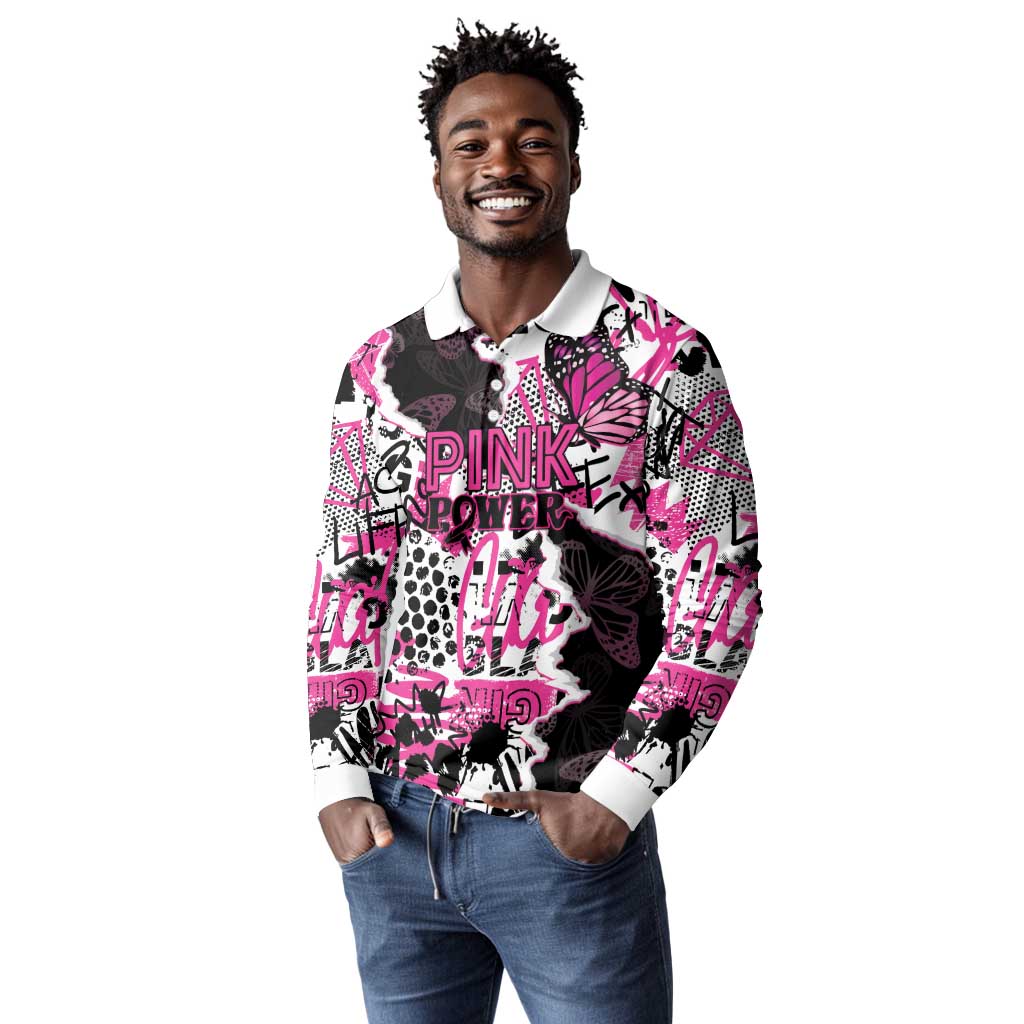 Personalized Pink Power Graffiti Long Sleeve Polo Shirt Breast Cancer Awareness - African Pride