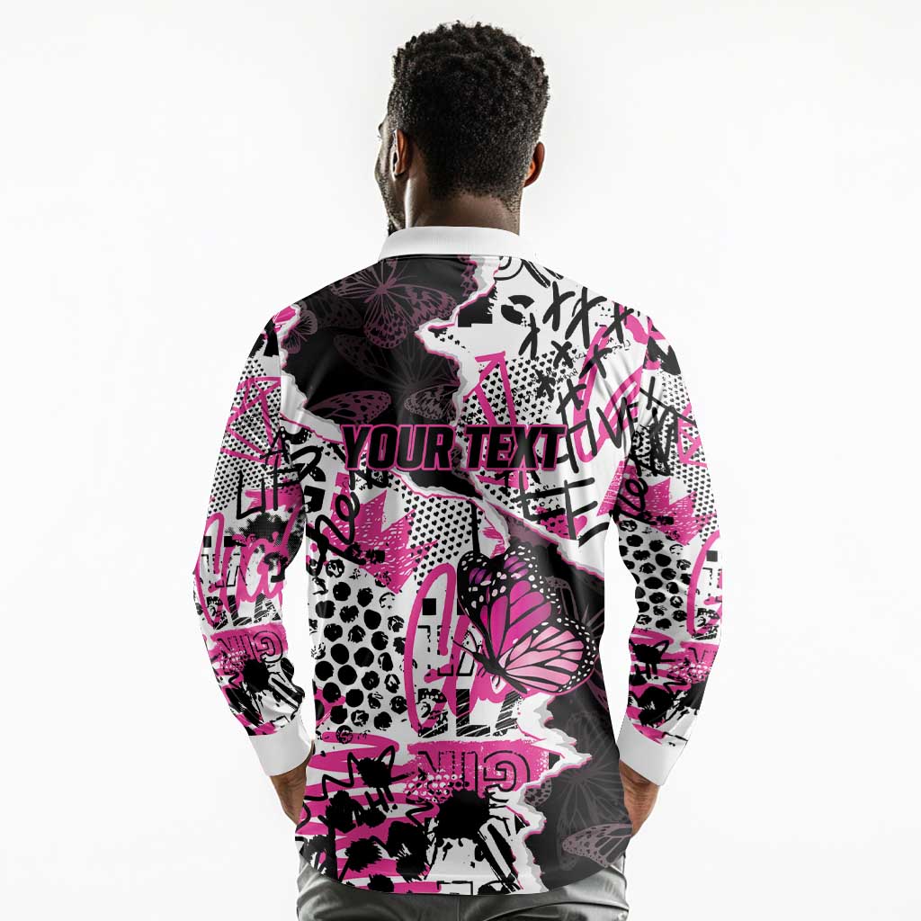 Personalized Pink Power Graffiti Long Sleeve Polo Shirt Breast Cancer Awareness - African Pride