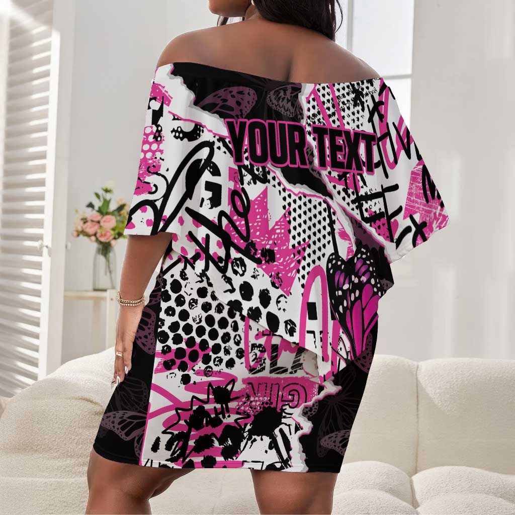 Personalized Pink Power Graffiti Off Shoulder Short Dress Breast Cancer Awareness - African Pride