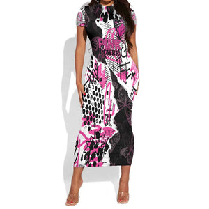 Personalized Pink Power Graffiti Short Sleeve Bodycon Dress Breast Cancer Awareness - African Pride