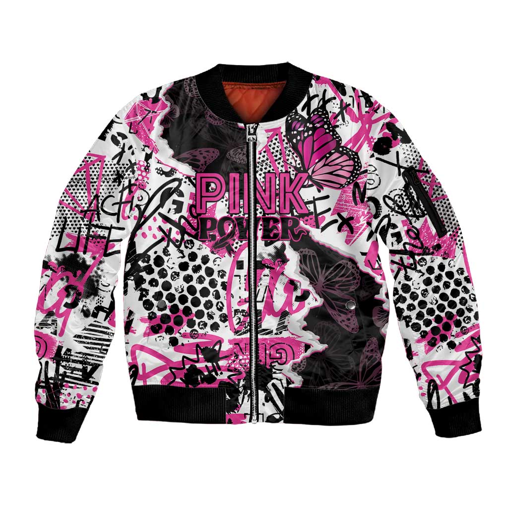 Personalized Pink Power Graffiti Sleeve Zip Bomber Jacket Breast Cancer Awareness - African Pride