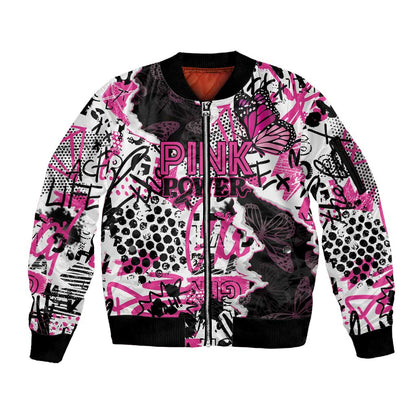 Personalized Pink Power Graffiti Sleeve Zip Bomber Jacket Breast Cancer Awareness - African Pride