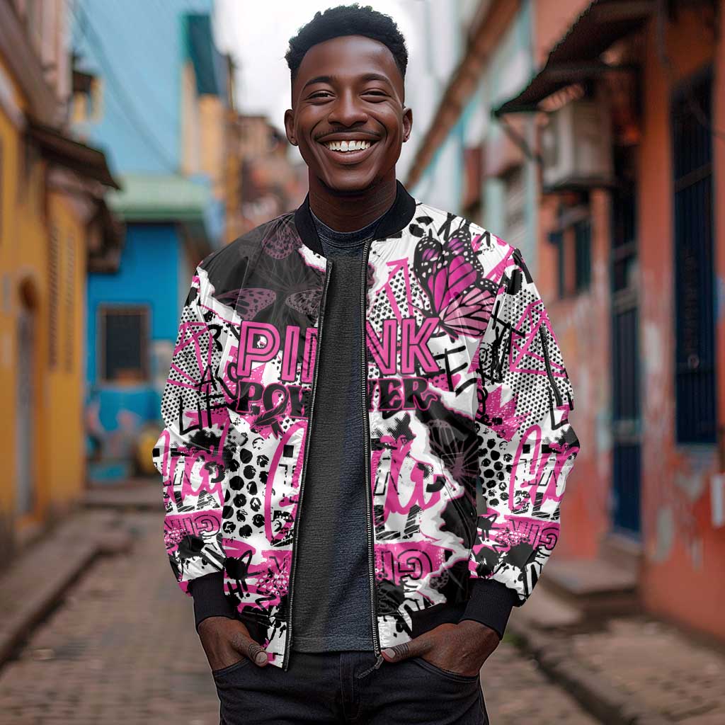 Personalized Pink Power Graffiti Sleeve Zip Bomber Jacket Breast Cancer Awareness - African Pride