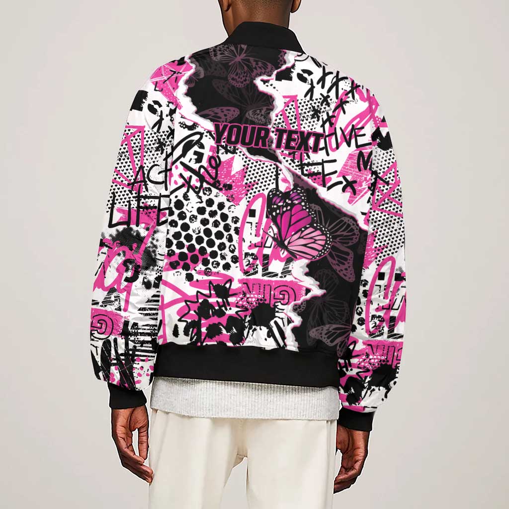 Personalized Pink Power Graffiti Sleeve Zip Bomber Jacket Breast Cancer Awareness - African Pride