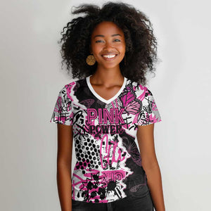 Personalized Pink Power Graffiti Women V-Neck T-Shirt Breast Cancer Awareness - African Pride