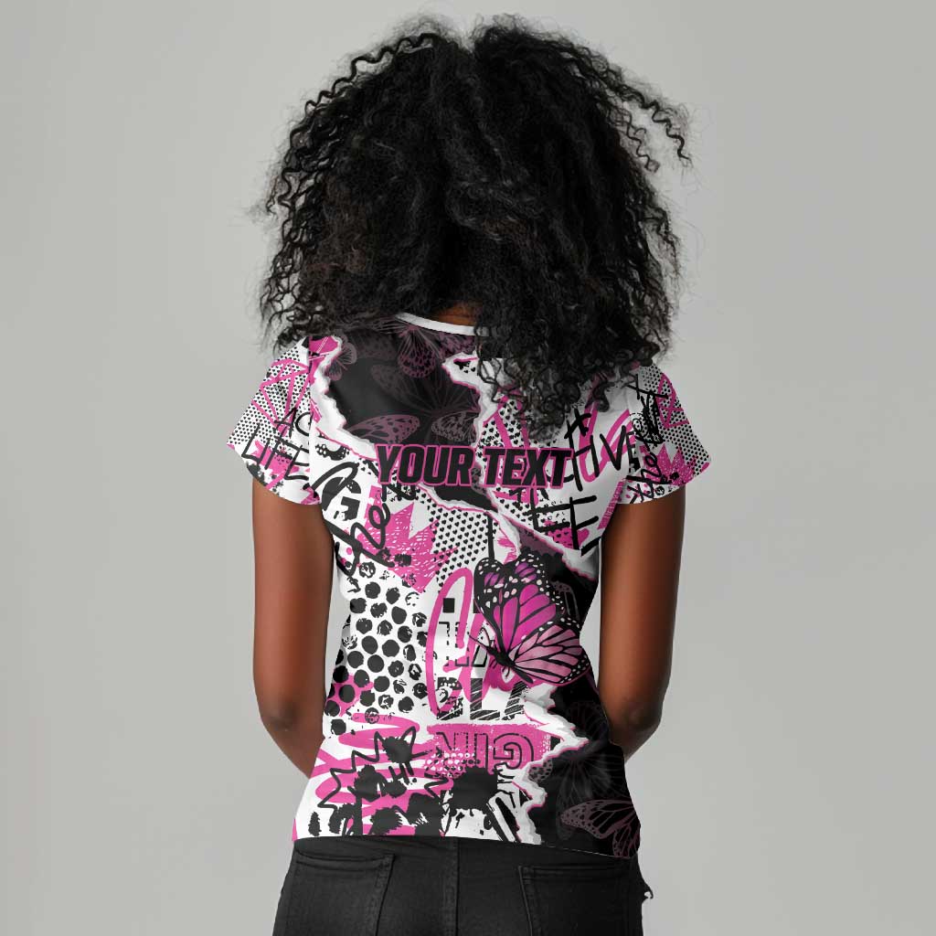 Personalized Pink Power Graffiti Women V-Neck T-Shirt Breast Cancer Awareness - African Pride