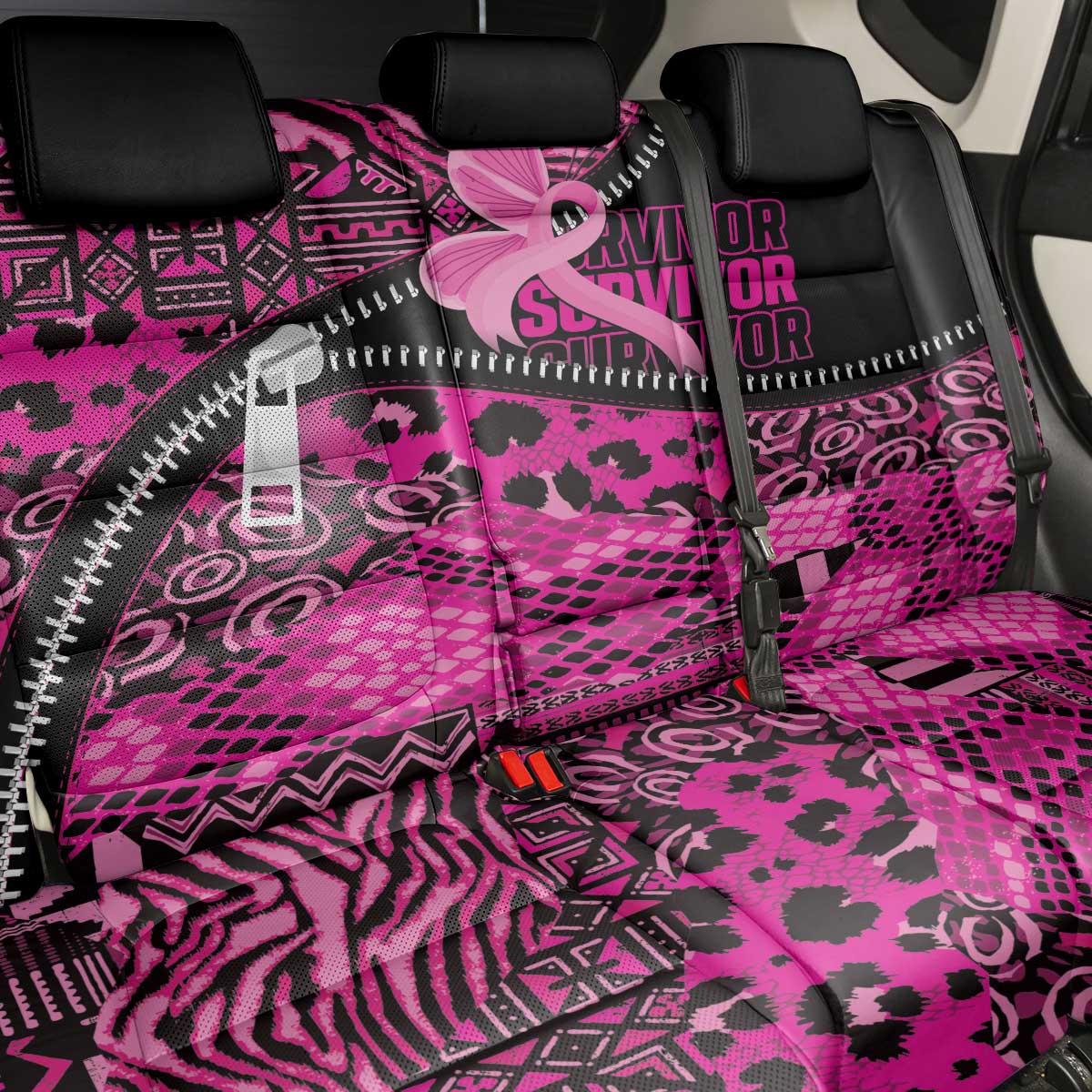 Pink Ribbon Animals Skin African Mixed Back Car Seat Cover Zipper Stylized - African Pride