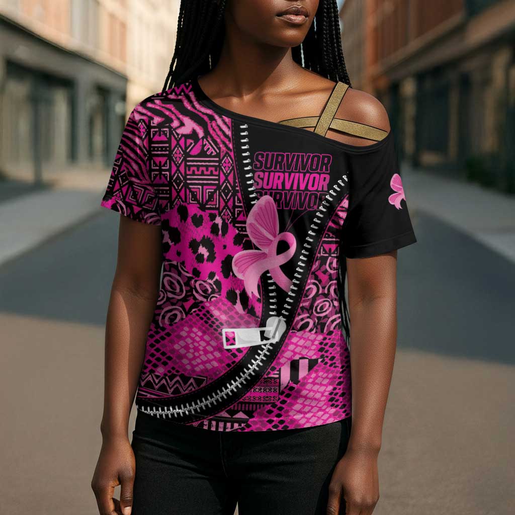 Pink Ribbon Animals Skin African Mixed Cross Shoulder Shirt Zipper Stylized