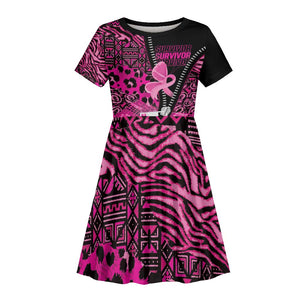Pink Ribbon Animals Skin African Mixed Kid Short Sleeve Dress Zipper Stylized - African Pride
