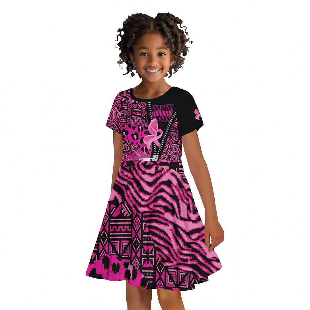 Pink Ribbon Animals Skin African Mixed Kid Short Sleeve Dress Zipper Stylized - African Pride