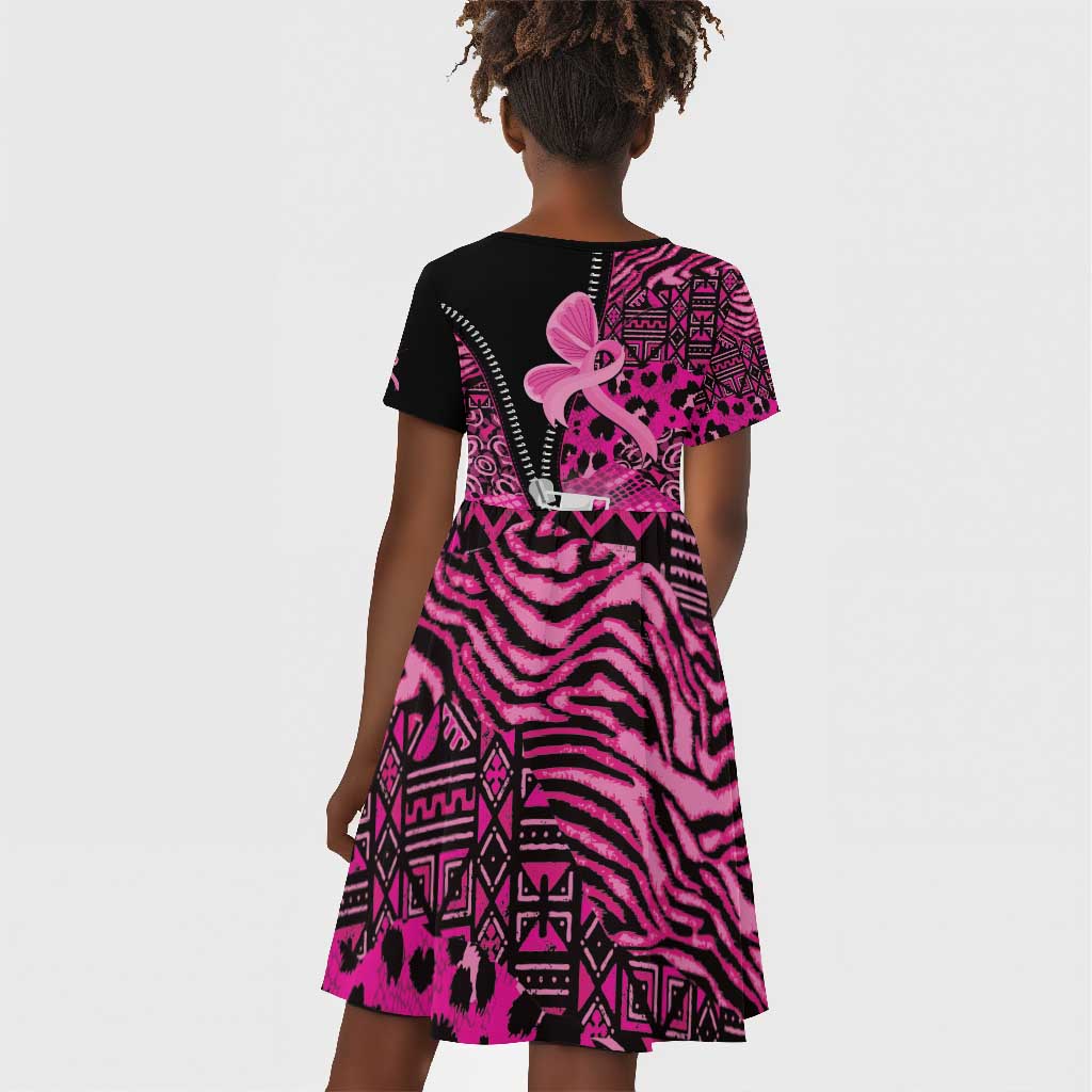 Pink Ribbon Animals Skin African Mixed Kid Short Sleeve Dress Zipper Stylized - African Pride