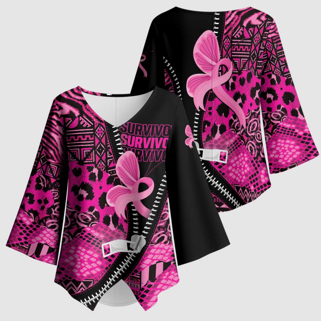 Pink Ribbon Animals Skin African Mixed Kimono Sleeve Blouse Zipper Stylized