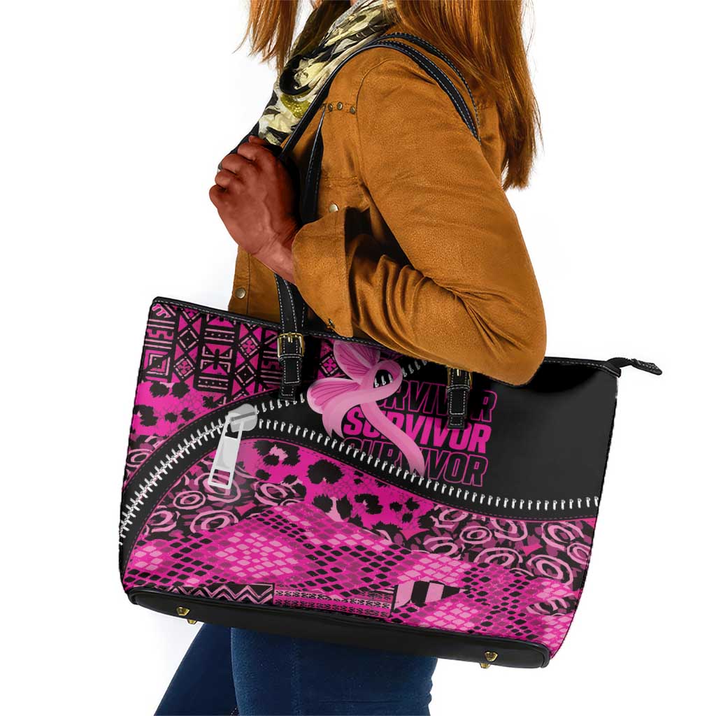 Pink Ribbon Animals Skin African Mixed Leather Tote Bag Zipper Stylized - African Pride