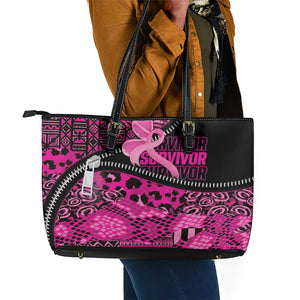 Pink Ribbon Animals Skin African Mixed Leather Tote Bag Zipper Stylized - African Pride