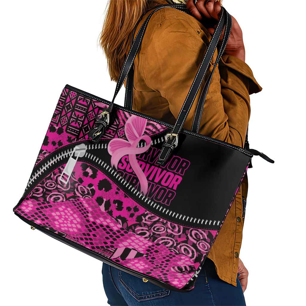 Pink Ribbon Animals Skin African Mixed Leather Tote Bag Zipper Stylized - African Pride