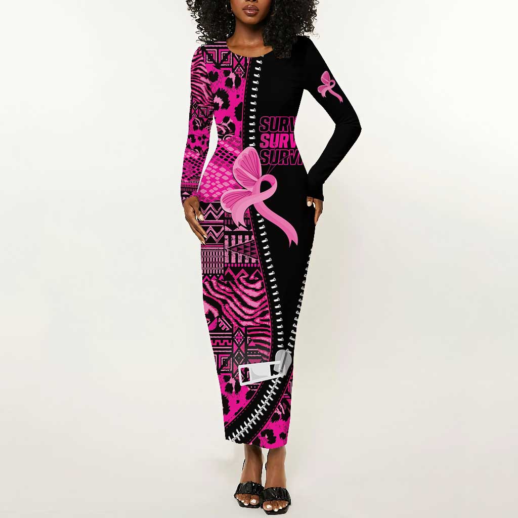 Pink Ribbon Animals Skin African Mixed Long Sleeve Bodycon Dress Zipper Stylized - African Pride