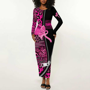 Pink Ribbon Animals Skin African Mixed Long Sleeve Bodycon Dress Zipper Stylized - African Pride
