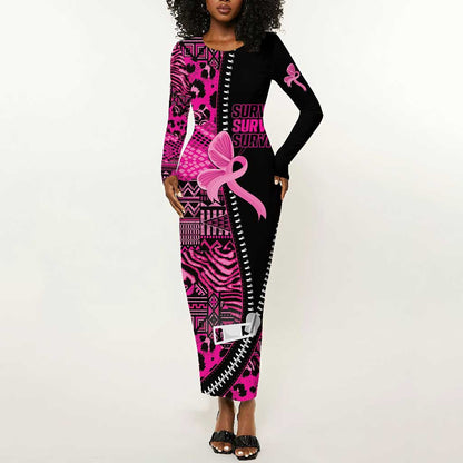 Pink Ribbon Animals Skin African Mixed Long Sleeve Bodycon Dress Zipper Stylized - African Pride